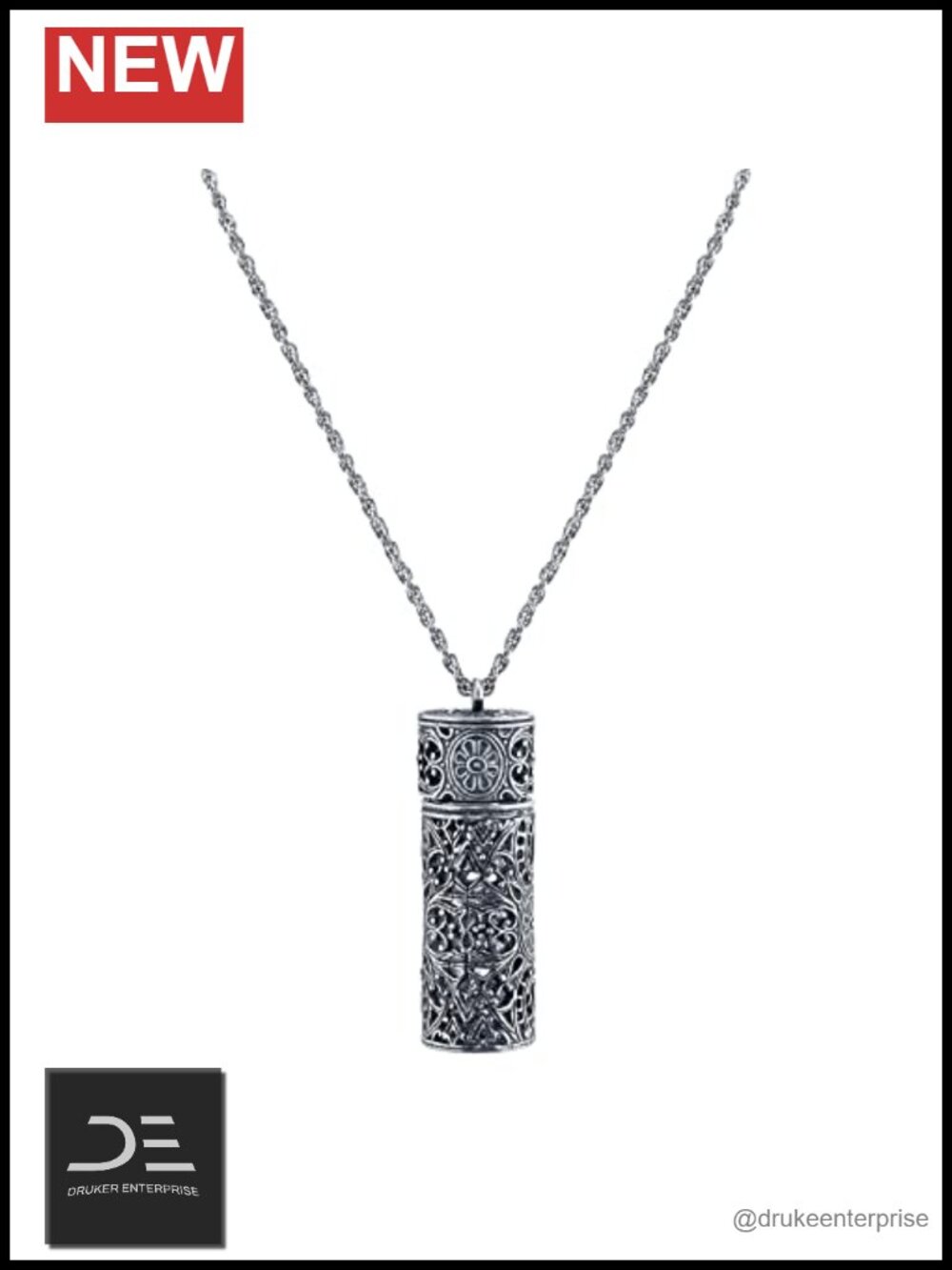 Pewter Keepsake Pendant Necklace 30" Chain Filigree Vial for Ashes Essential